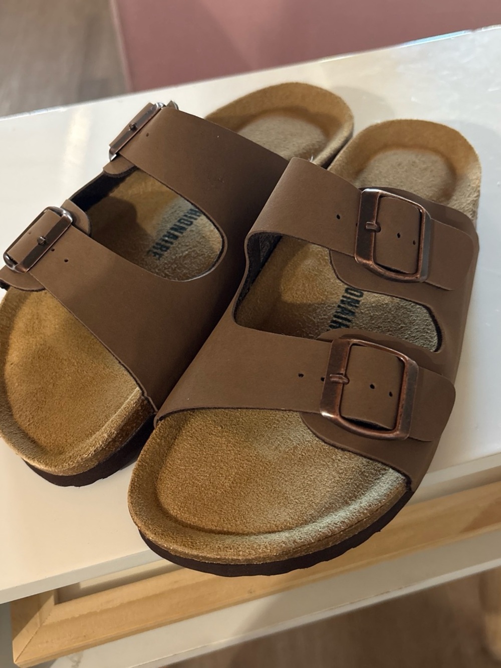 Women's Double-Buckle Brown Comfort Slide Sandals